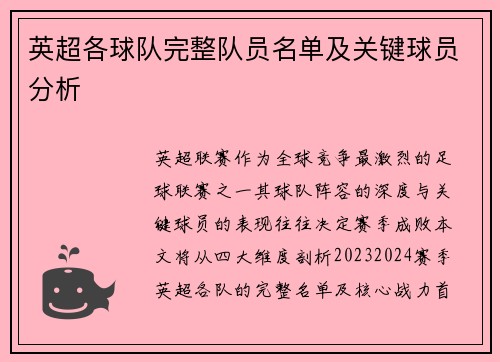 英超各球队完整队员名单及关键球员分析
